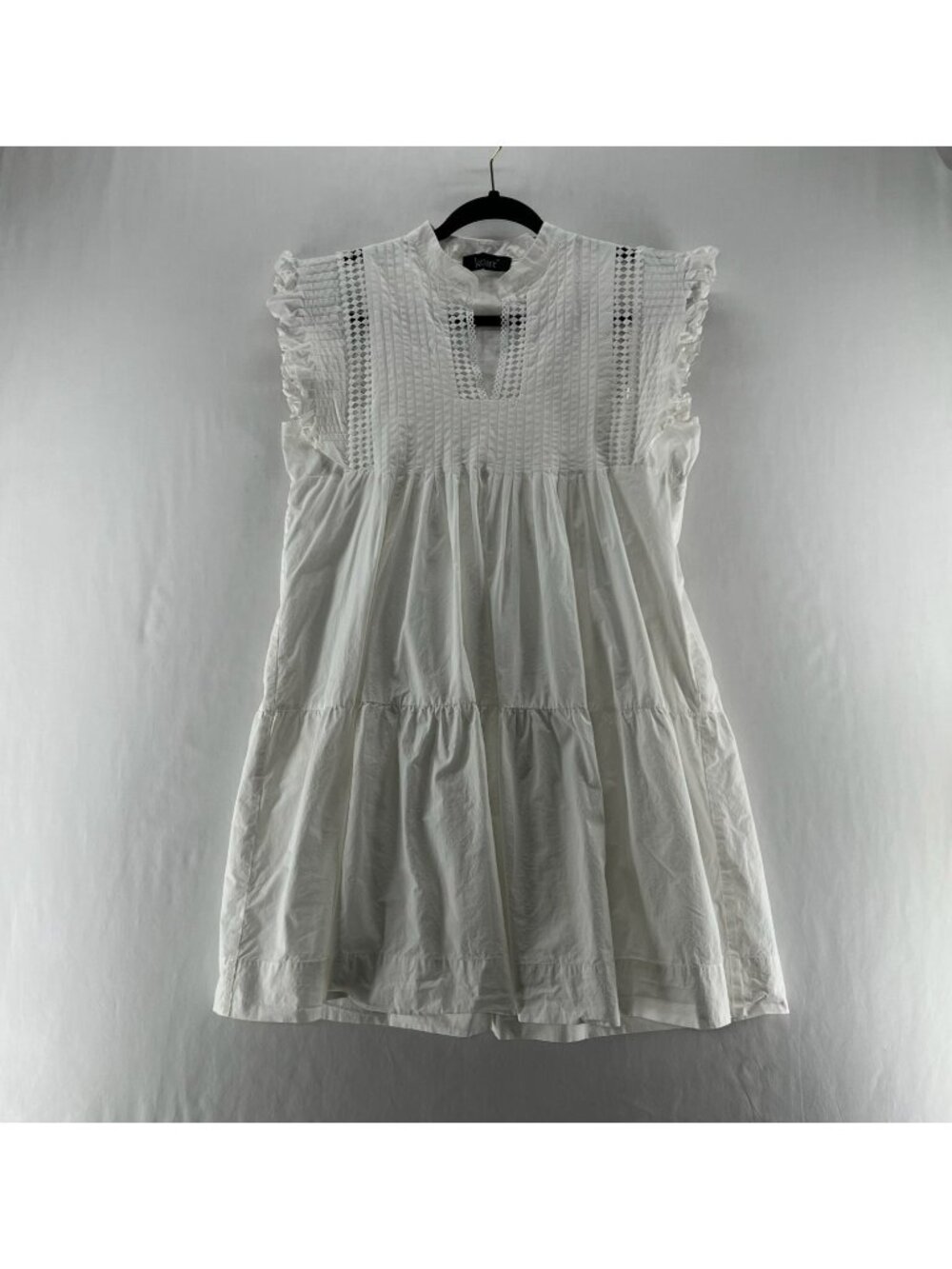 Kourt Lace Trim Pintuck Tiered Mini Dress Womens M Flutter Sleeve Summer White
